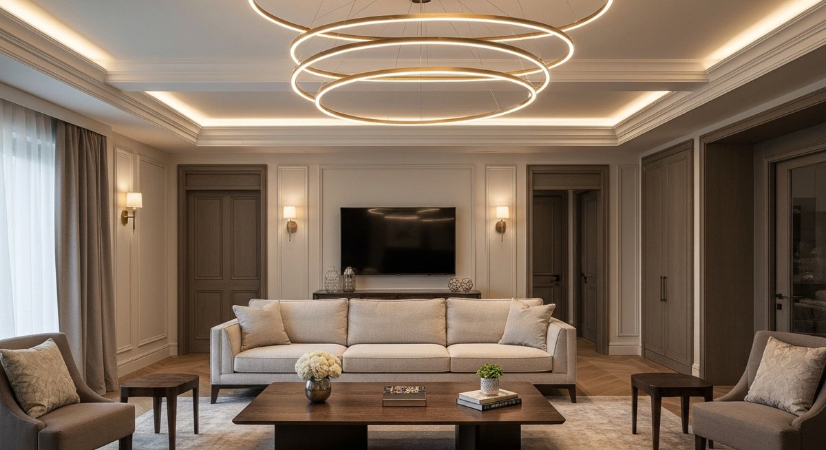 Роскошная просторная гостиная с многоуровневым освещением: потолочные светильники, торшеры, бра и встроенная подсветка, создающие теплую атмосферу.