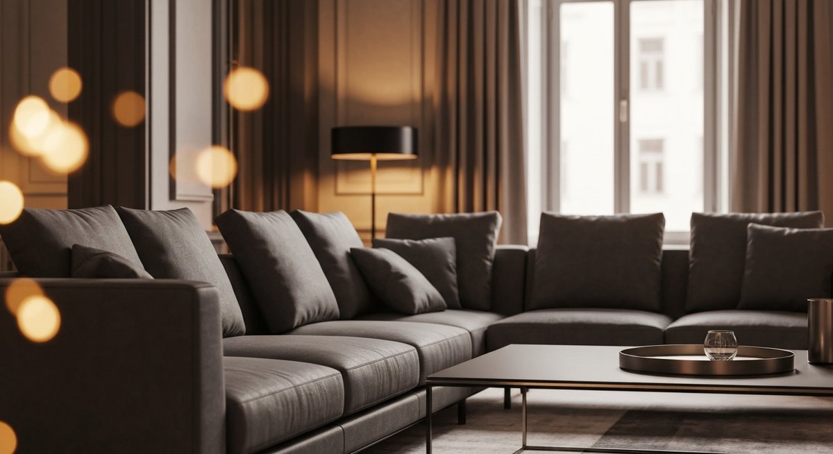 Детальный снимок угла гостиной с элегантными настенными бра, создающими акцентное освещение на декоративной стене.