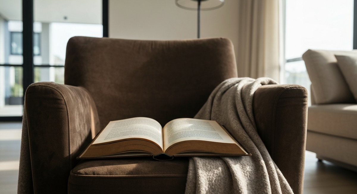 Крупный план уютного уголка для чтения в гостиной с комфортным креслом и современным торшером, обеспечивающим направленное освещение.