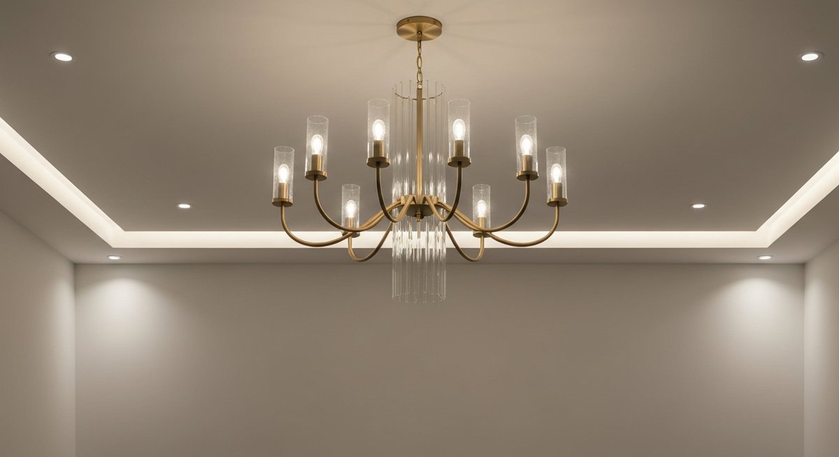 Средний план потолка современной гостиной с минималистичной люстрой, встроенными точечными светильниками и скрытой LED-подсветкой по периметру.