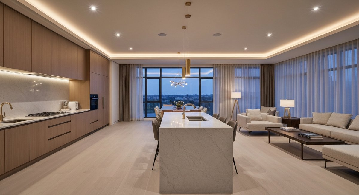 Роскошная просторная кухня-гостиная с многоуровневым освещением, зонирующим пространство. Панорамные окна и искусственный свет создают уют.