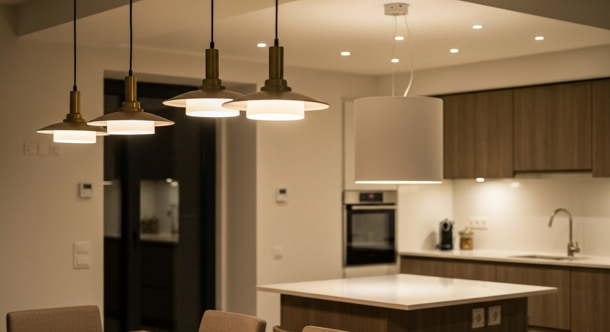 Детальный ракурс обеденной зоны в кухне-гостиной. Изящные подвесные светильники над столом и встроенные светильники над кухонным островом подчеркивают зонирование.