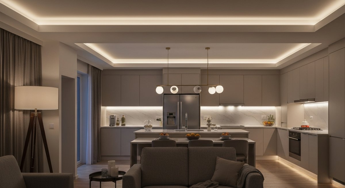 Вид из гостиной на кухню в объединенном пространстве. Акцентное и фоновое освещение, включая скрытую подсветку и LED-ленты, создает глубокую и спокойную вечернюю атмосферу.