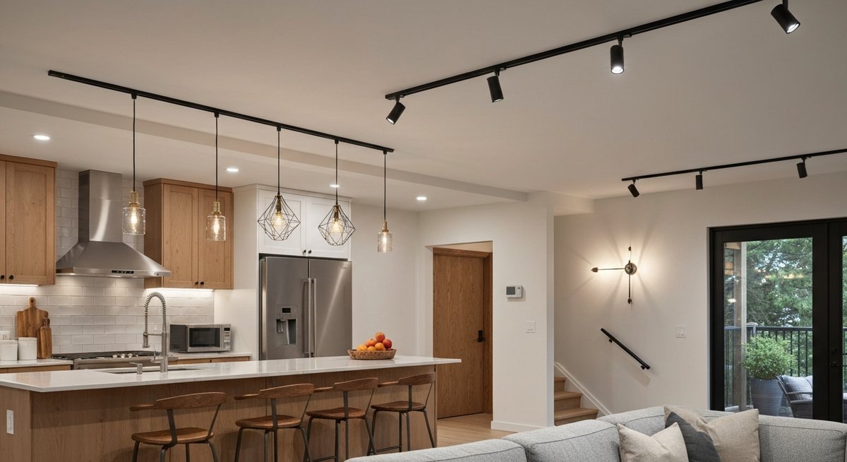 Средний план современной кухни-гостиной, демонстрирующий стратегическое размещение различных типов светильников (точечных, настенных, трековых) для улучшения архитектурных элементов и функционального освещения.