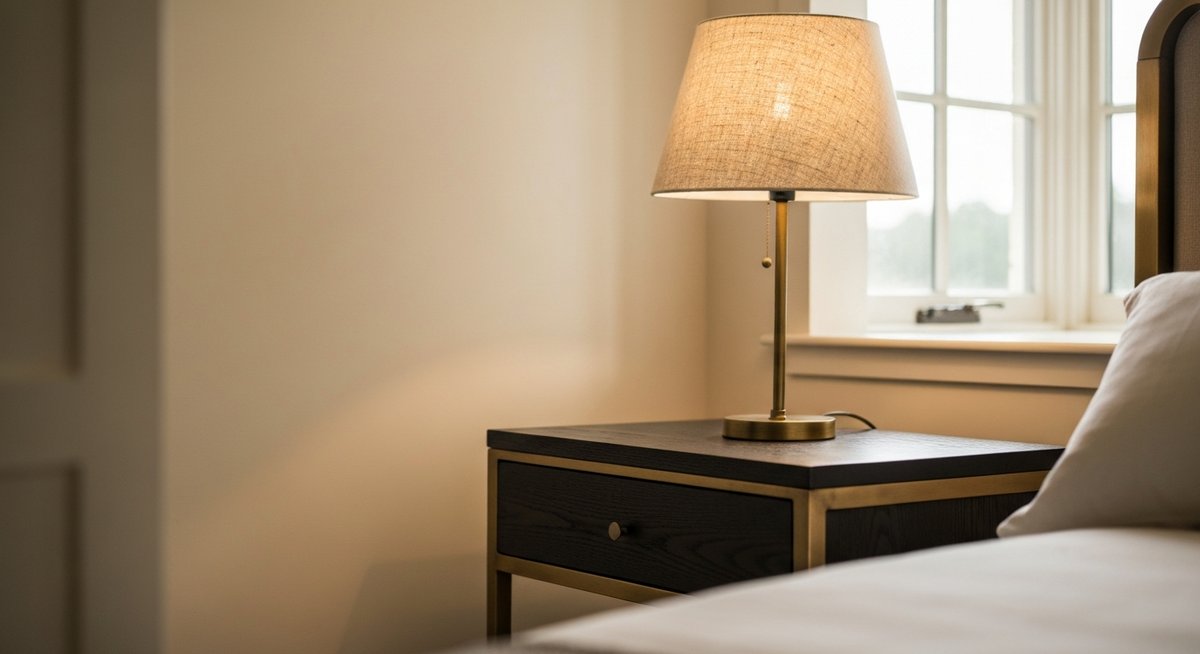 Крупный план прикроватного столика с дизайнерской лампой и мягким освещением.