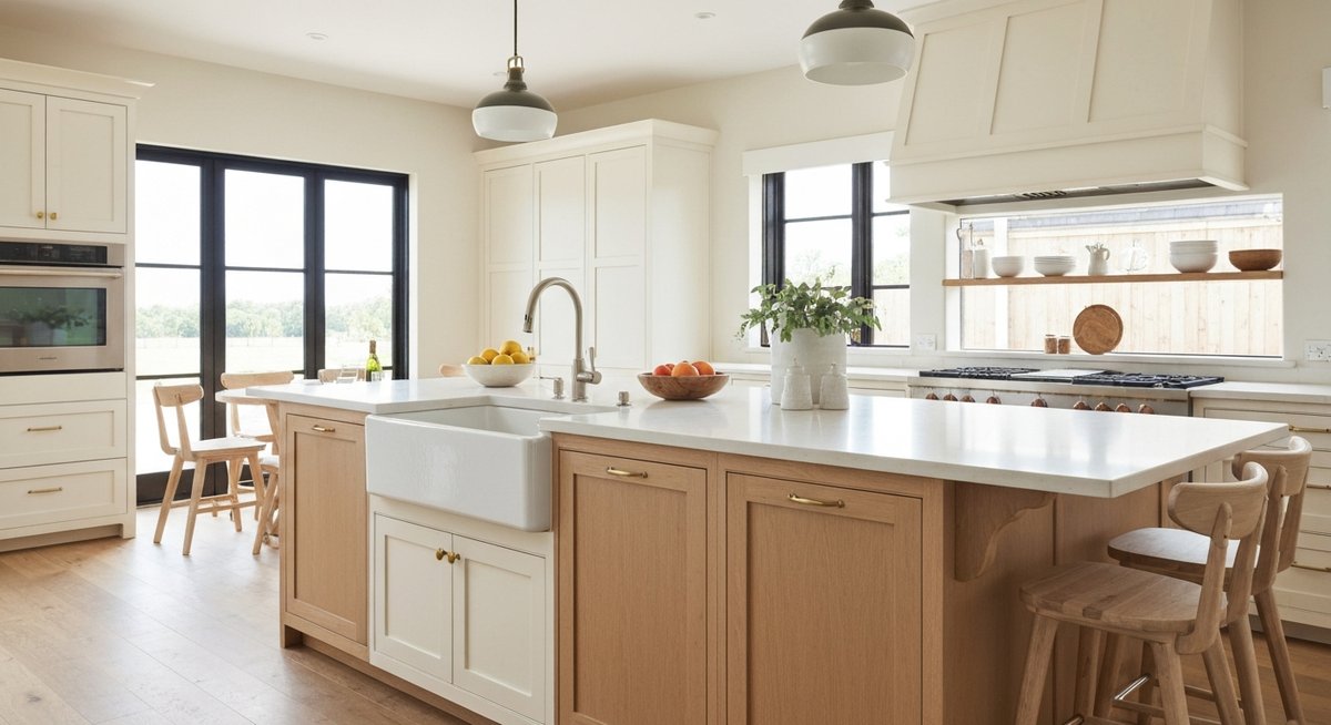 Роскошная современная кухня с барной стойкой и обилием естественного света.