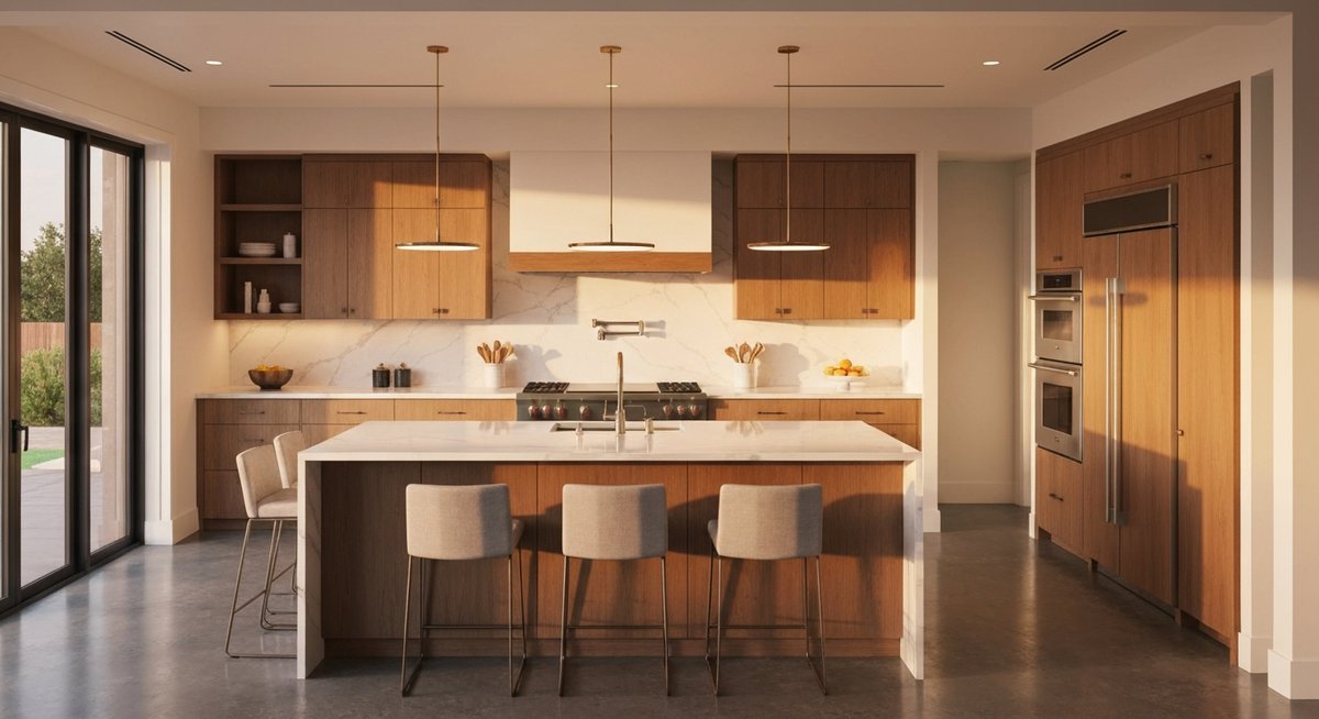 Профессиональная интерьерная фотография роскошной, просторной современной кухни с выразительным центральным островом.