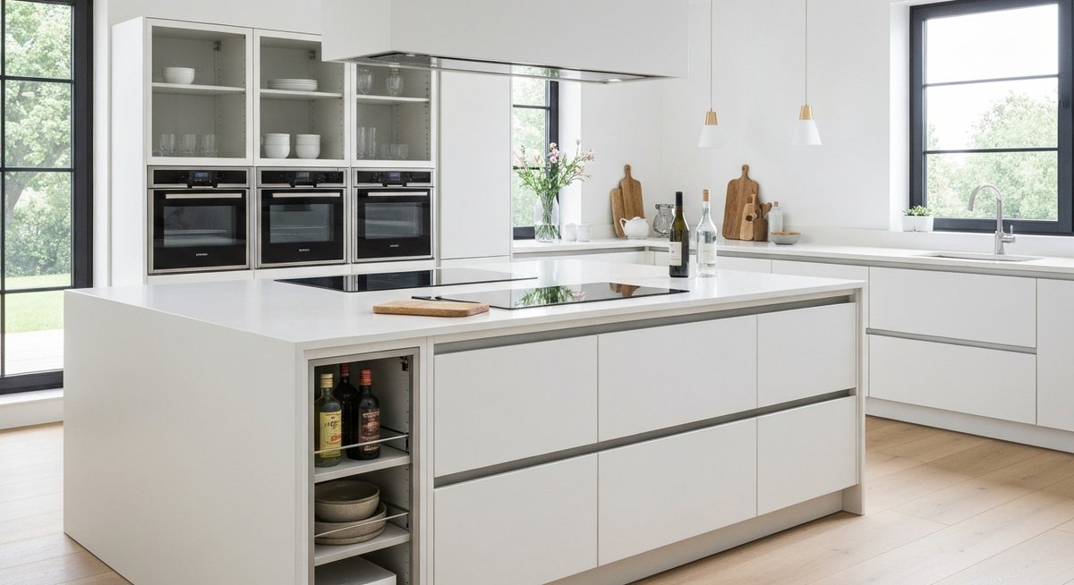 Профессиональная интерьерная фотография кухонного острова под необычным углом, демонстрирующая системы хранения и встроенную плиту.