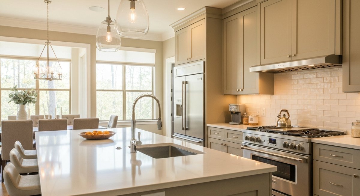 Профессиональная интерьерная фотография, демонстрирующая привлекательную атмосферу современной кухни с большим островом, центром общения.