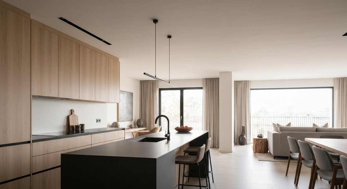 Современный кухонный остров, плавно переходящий в зону гостиной, как центральный элемент объединенного пространства.