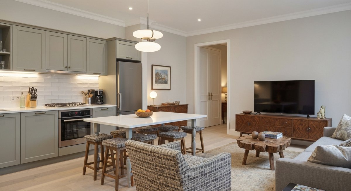 Вид из кухни на уютную гостиную, подчеркивающий свободное общение в открытом пространстве.