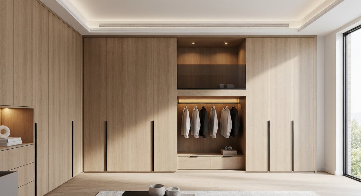 Роскошный шкаф с антресолью от пола до потолка в современном интерьере гостиной.