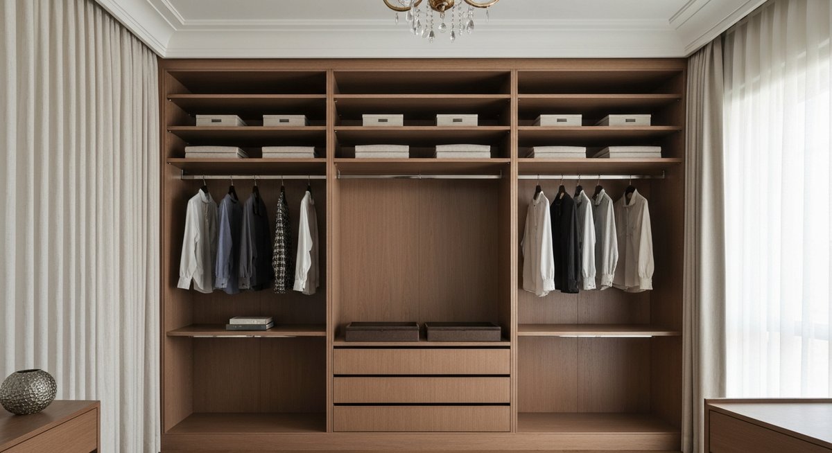 Элегантная гардеробная со встроенным зеркальным шкафом, занимающим целую стену, демонстрирующая его интеграцию с индивидуальными решениями для хранения и изысканным декором.