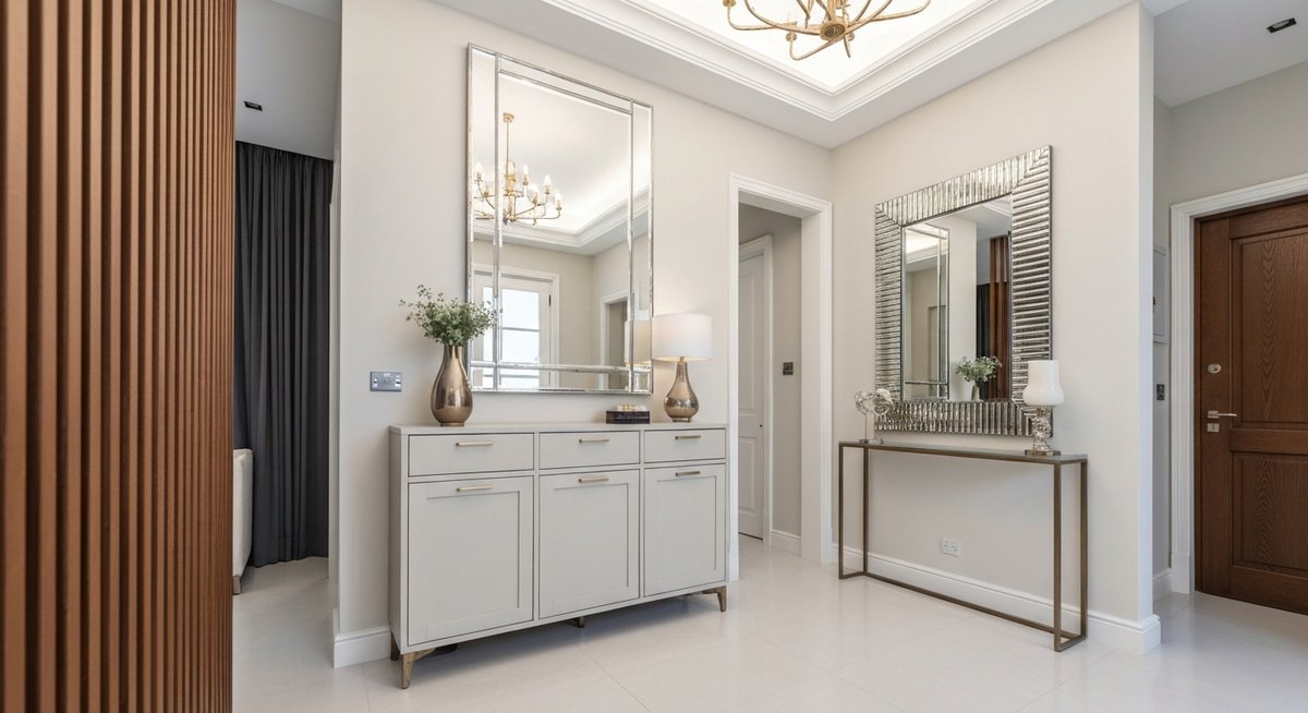 Роскошная и просторная прихожая с элегантной обувницей, большим зеркалом и естественным светом.