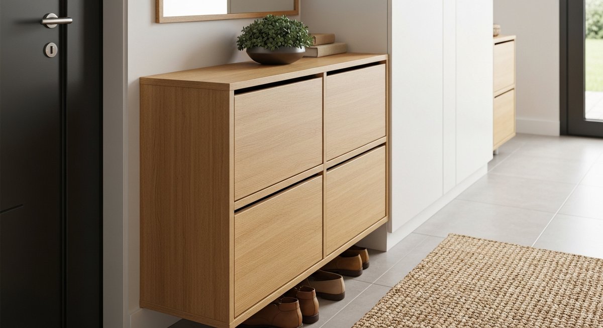 Средний план стильной и компактной обувницы из светлого дерева в современном интерьере прихожей.