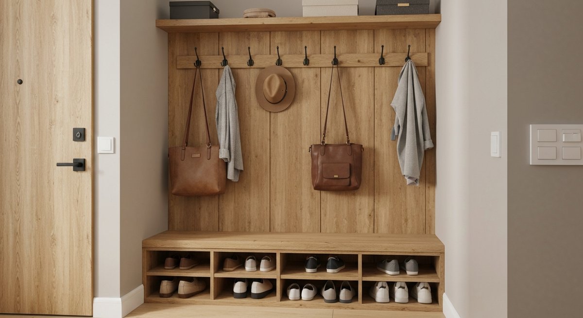 Прихожая со скамьей для хранения и встроенными крючками для одежды.