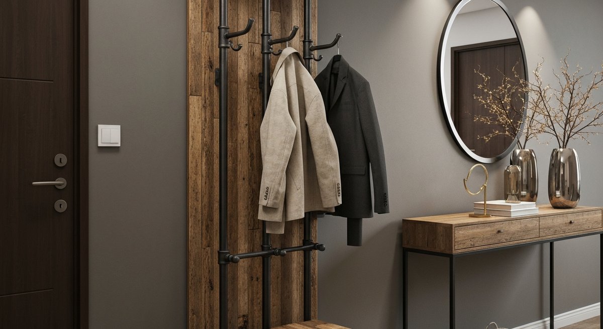 Современная прихожая с уникальной напольной вешалкой в индустриальном стиле.