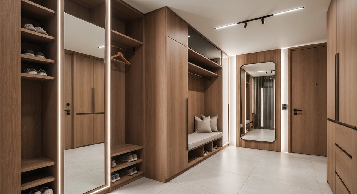 Роскошная и просторная модульная прихожая с дизайнерской мебелью, интегрированной скамьей и зеркалом.