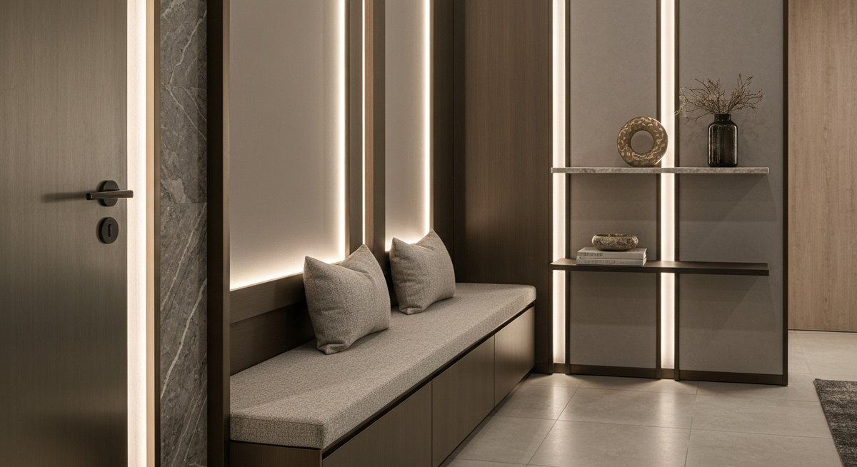 Фрагмент модульной прихожей, подчеркивающий элегантный дизайн, сочетание материалов и интегрированное освещение.