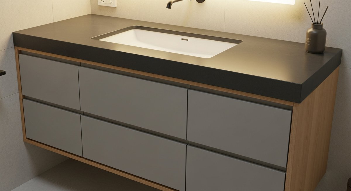 Крупный план напольной тумбы для ванной комнаты со встроенной раковиной и гладкой столешницей, демонстрирующий качество материалов и отделки.