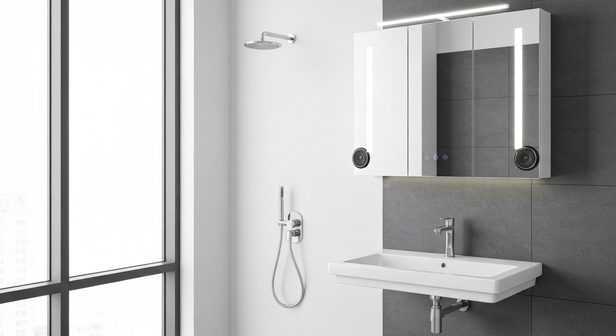 Ракурсная съемка компактной, но функциональной ванной комнаты с умным зеркальным шкафом с подсветкой над раковиной, демонстрирующая его преимущества в экономии пространства и современную эстетику, с яркой и воздушной атмосферой и чистыми линиями.