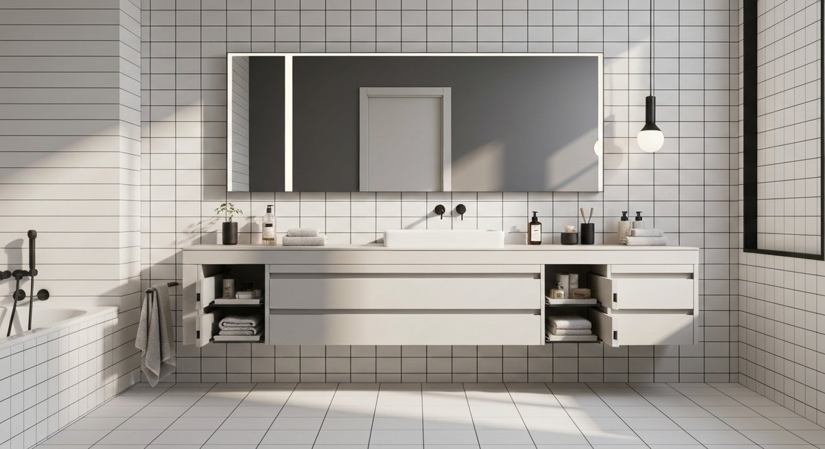 Крупный план современной подвесной тумбы в маленькой ванной с интегрированными ящиками.