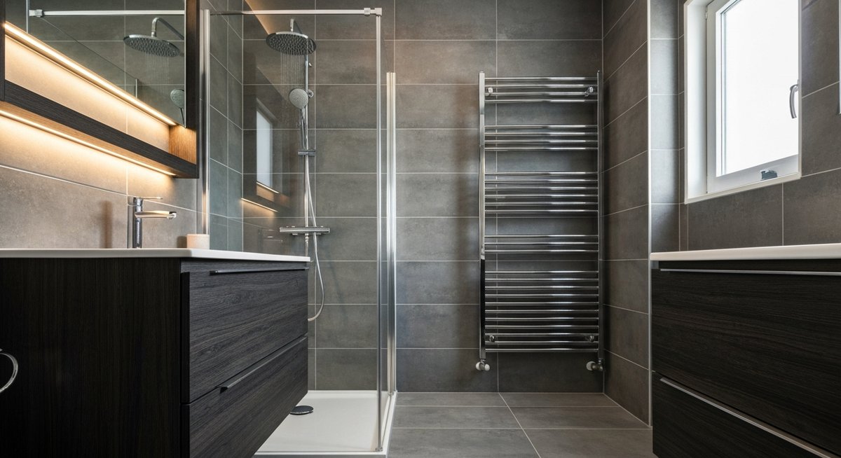 Роскошная компактная ванная комната с узкой настенной тумбой и стильными элементами.