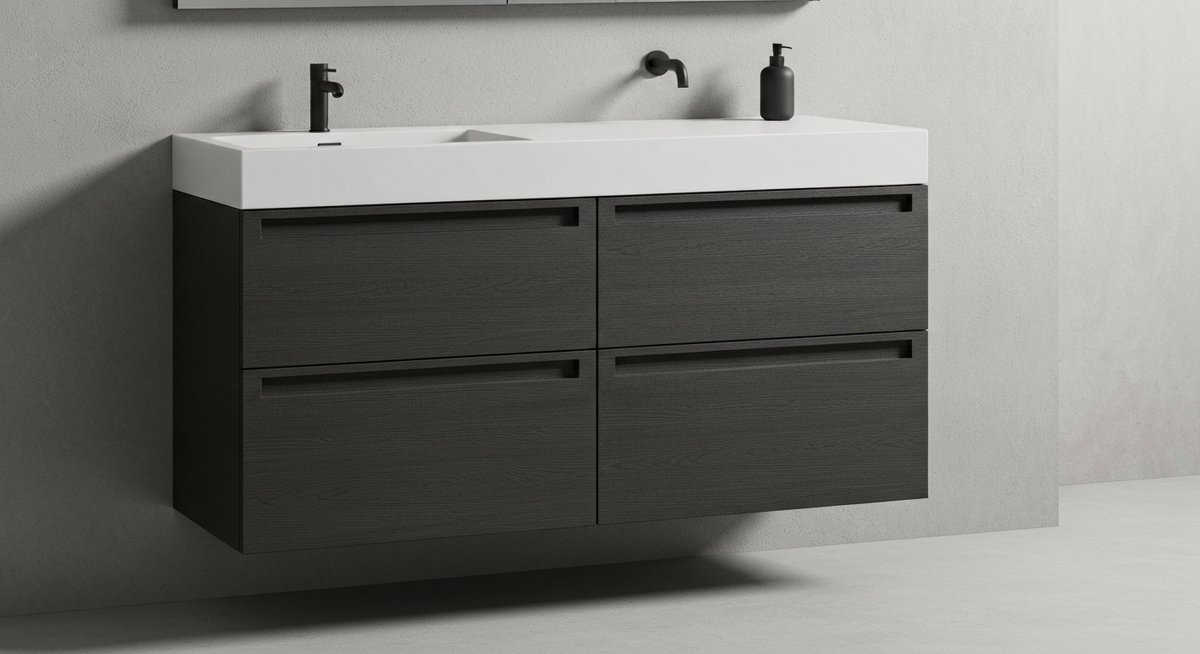 Крупный план узкой тумбы для ванной с раковиной, демонстрирующий продуманное хранение и материалы.