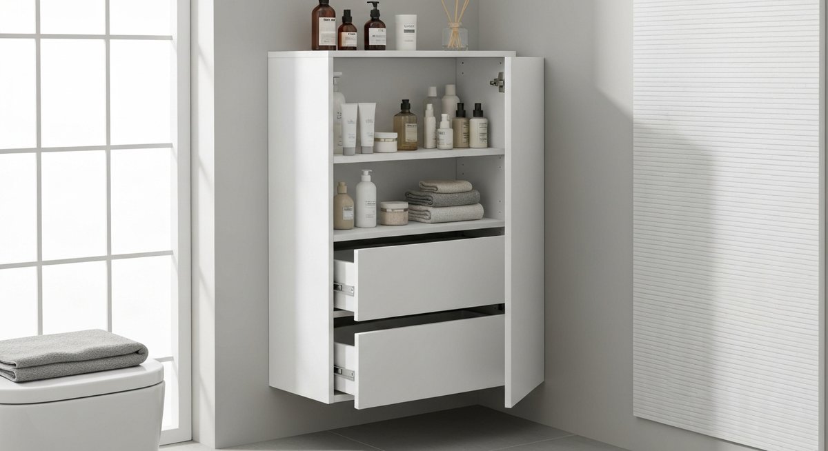 Высокий узкий шкаф для хранения в ванной комнате, демонстрирующий использование вертикального пространства.