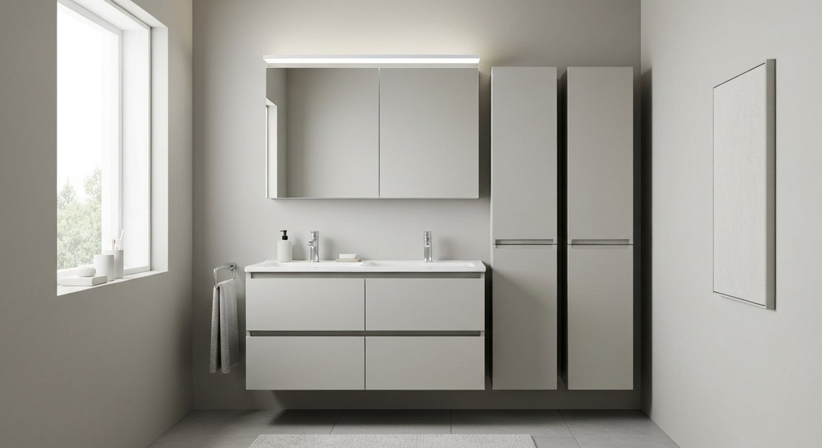 Общий вид небольшой ванной комнаты с узкой мебелью, создающей ощущение простора и функциональности.