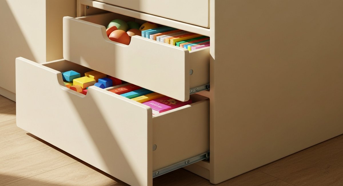 Крупный план ящиков для хранения под детской кроватью, демонстрирующий качество материалов и удобство организации.