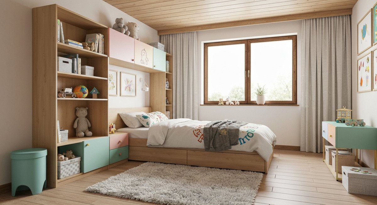 Средний план детской кровати с выдвижными ящиками, гармонично вписанной в интерьер, создающей аккуратное и функциональное пространство.