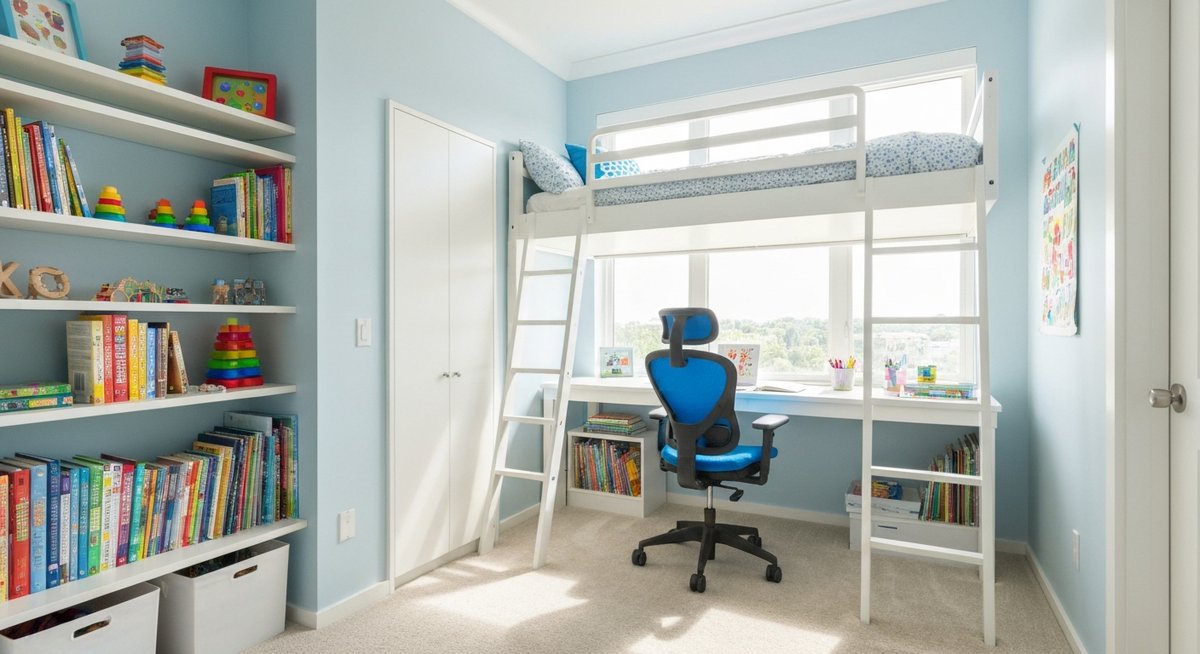 Средний план функциональной зоны под кроватью-чердаком: учебный стол и полки.