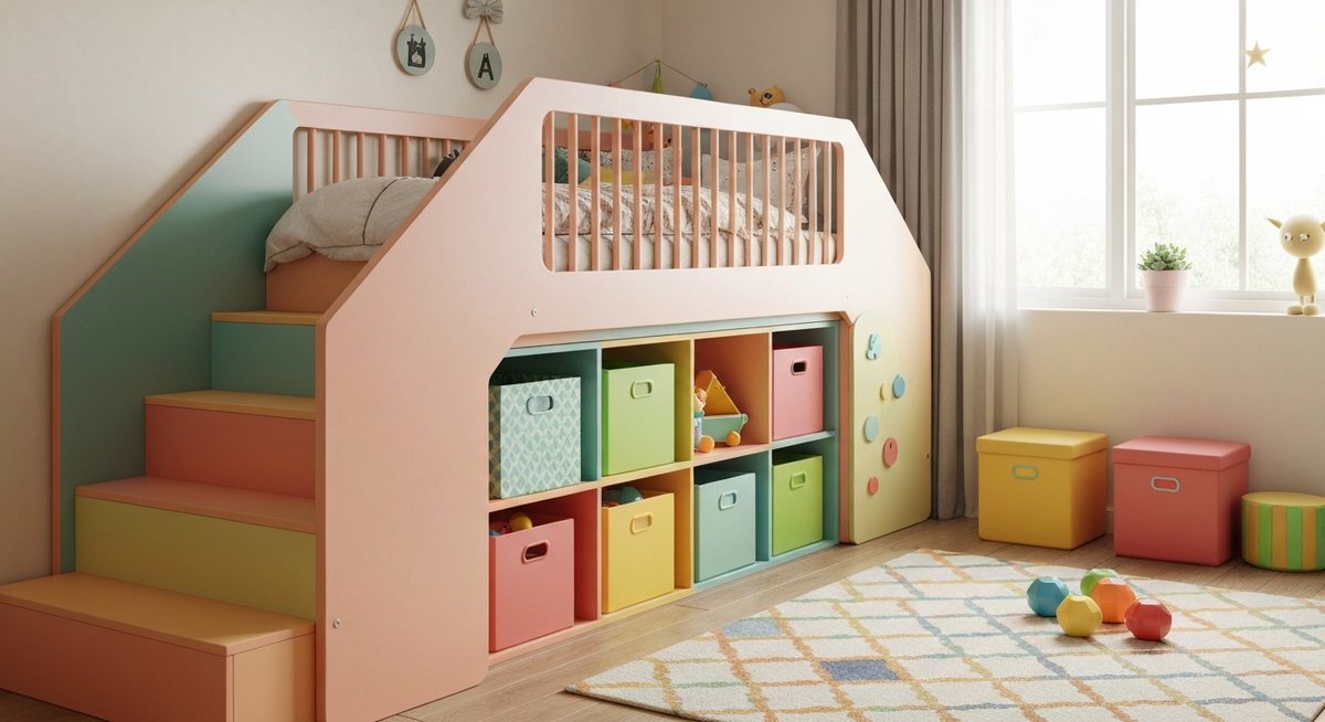 Динамичный ракурс: лестница кровати-чердака и игровая зона под ней.