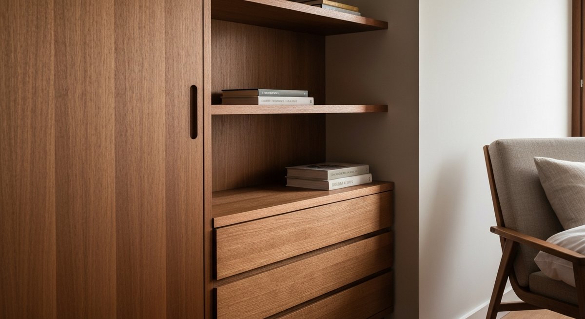 Уютная спальня со стильным деревянным стеллажом и мягким освещением