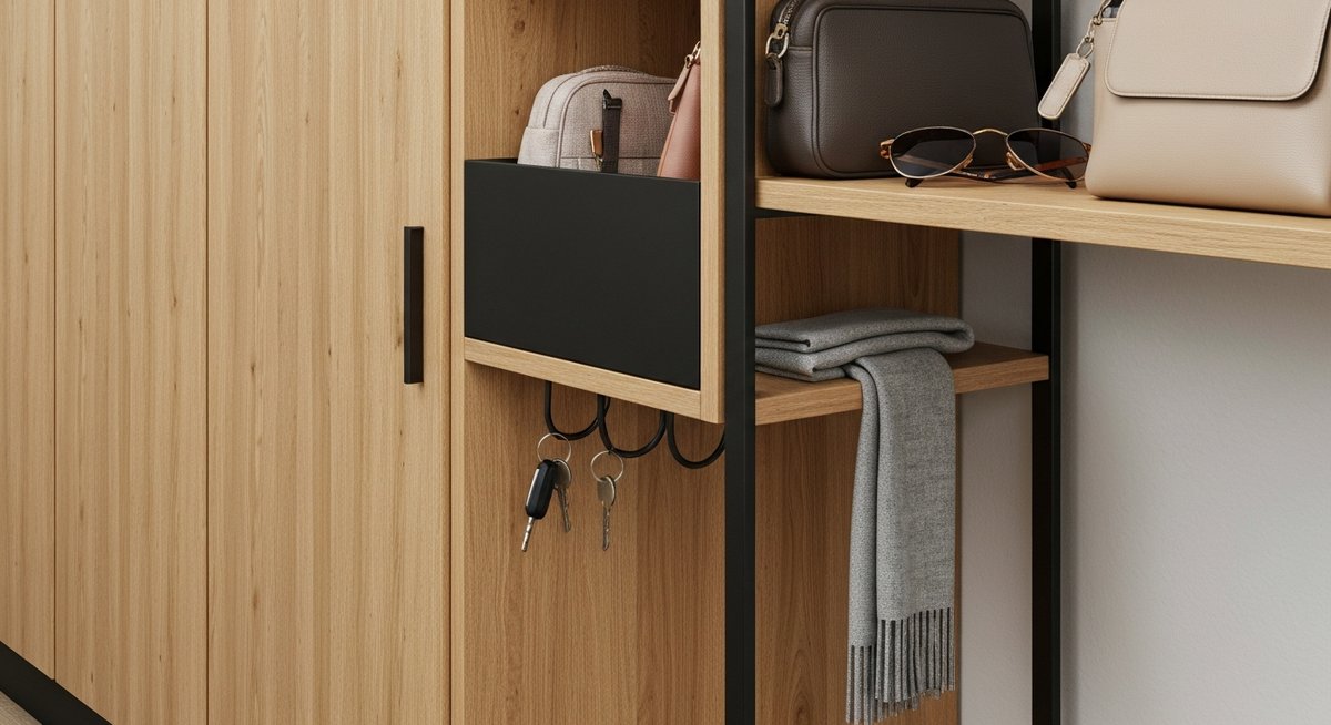 Крупный план современного стеллажа в прихожей с организованными мелочами