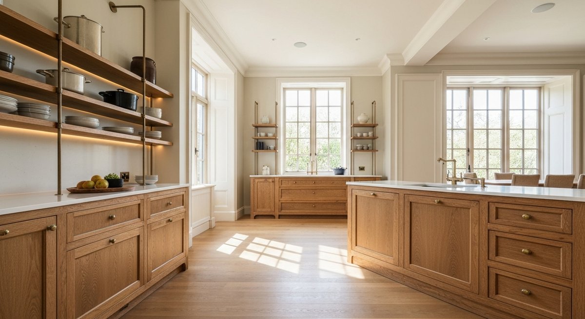 Роскошная кухня с элегантными открытыми стеллажами и дубовой мебелью, наполненная естественным светом.