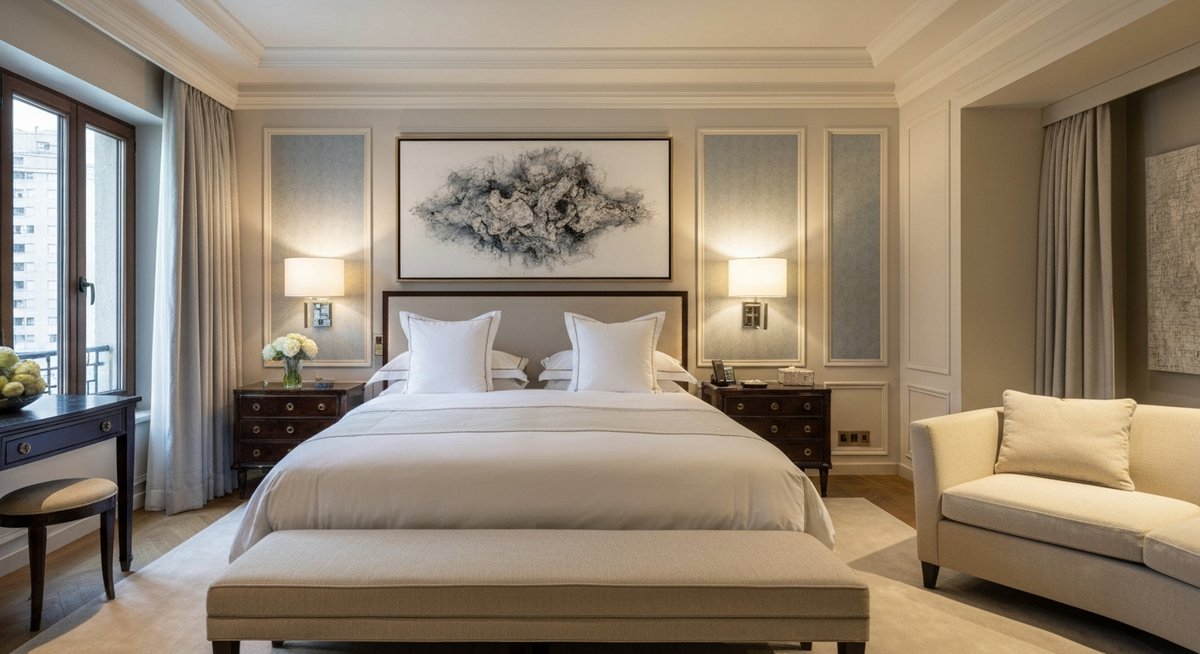 Роскошная и просторная спальня с элегантной напольной прикроватной тумбой.