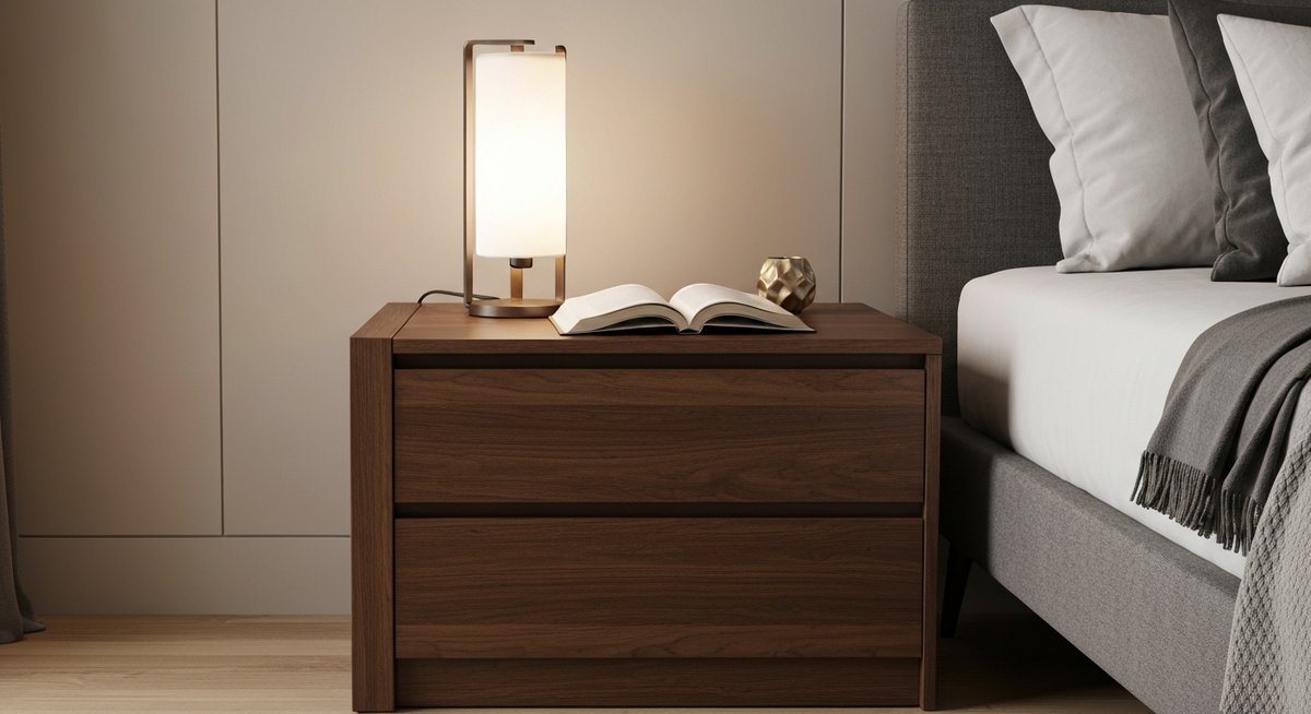 Крупный план современной напольной прикроватной тумбы с лампой и книгой.
