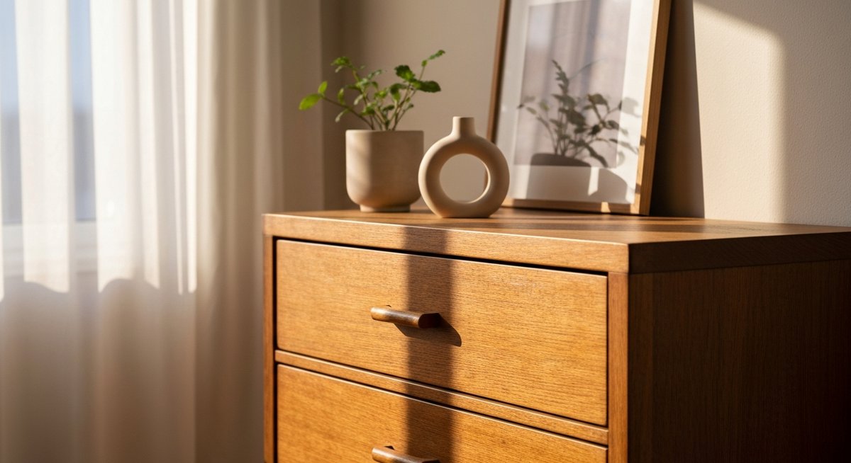 Крупный план стильного современного комода в спальне с декором на поверхности.