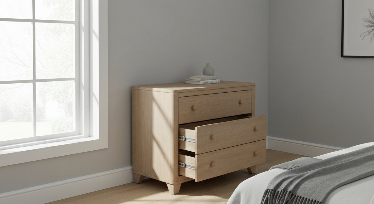 Средний план современного минималистичного деревянного комода в спальне, один ящик слегка приоткрыт.