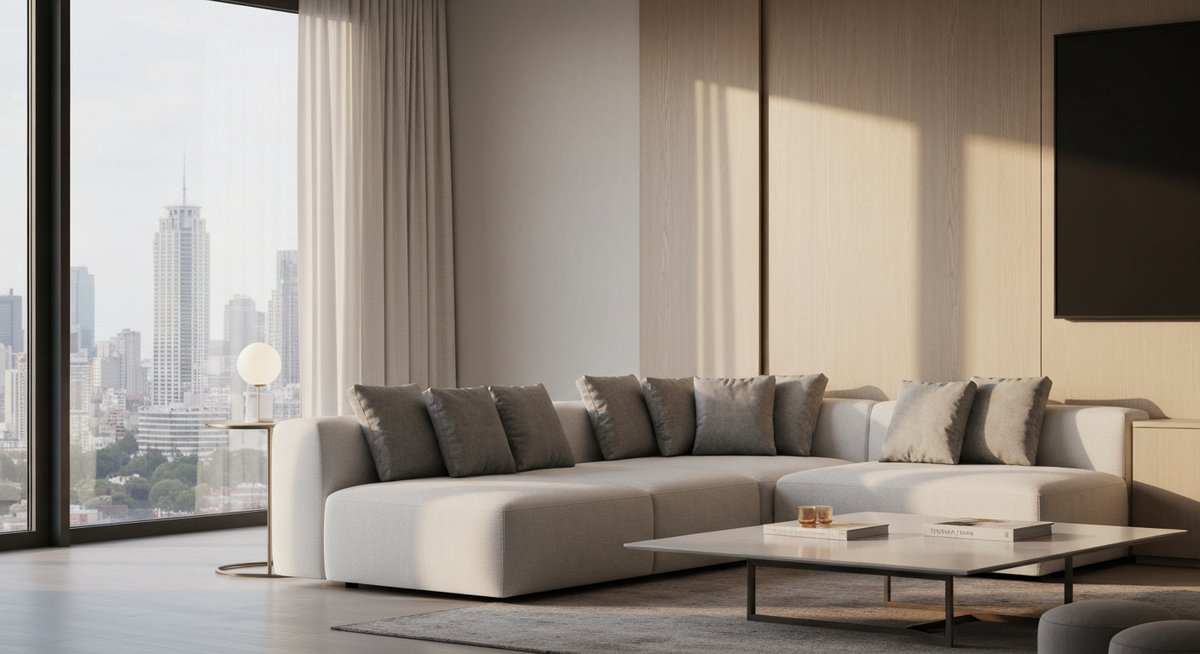 Детальный снимок зоны отдыха в современной гостиной: минималистичный диван с текстурной обивкой и низкий журнальный столик.