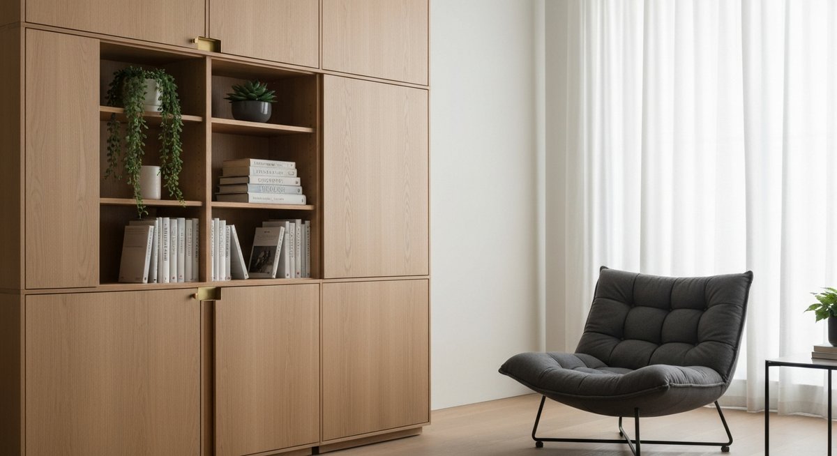 Средний план современной гостиной: модульная система хранения и элегантное функциональное кресло, подчеркивающие чистые линии.