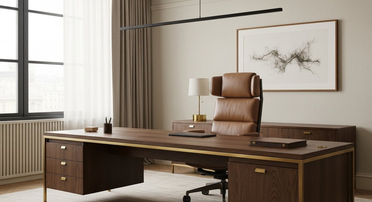 Роскошный современный кабинет руководителя с элегантными встроенными офисными шкафами для документов из темного дерева.