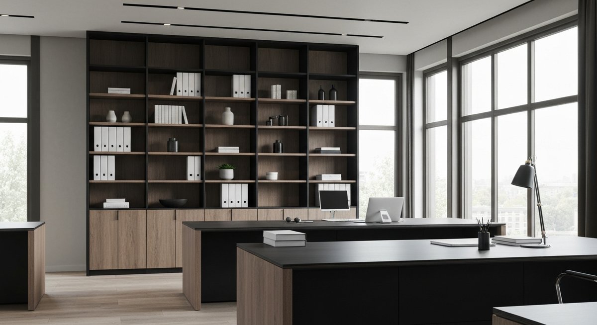 Роскошный современный офис с интегрированной системой стеллажей.