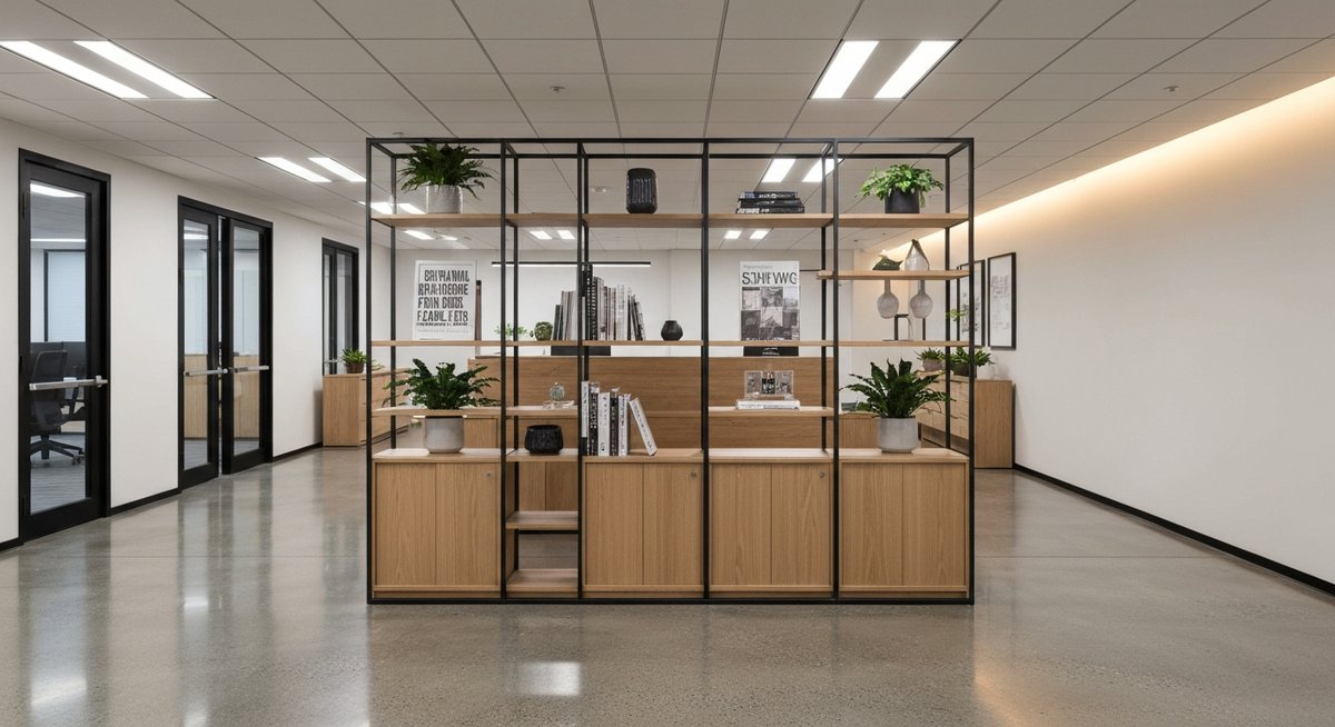 Стильный офисный стеллаж, разделяющий зоны в приемной.