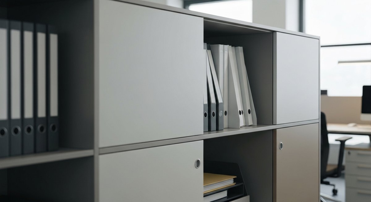 Современная модульная система хранения в офисе, сочетающая открытые полки и закрытые секции.