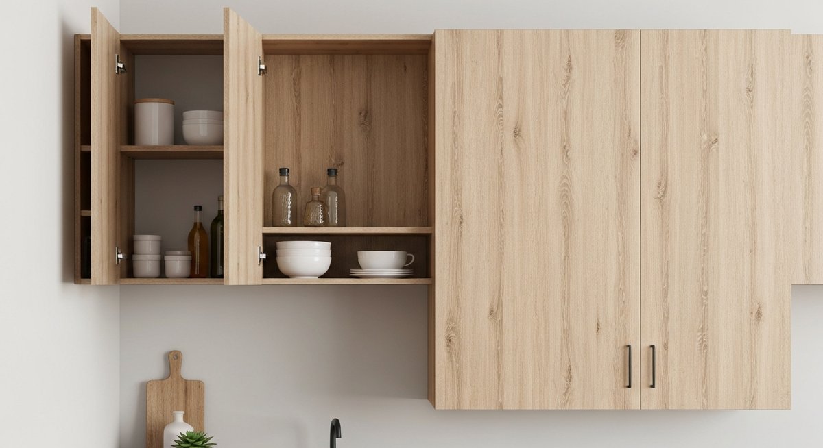 Вид на навесные кухонные шкафы с фасадами из светлой ламинированной ДСП (ЛДСП), демонстрирующие интегрированные ручки.