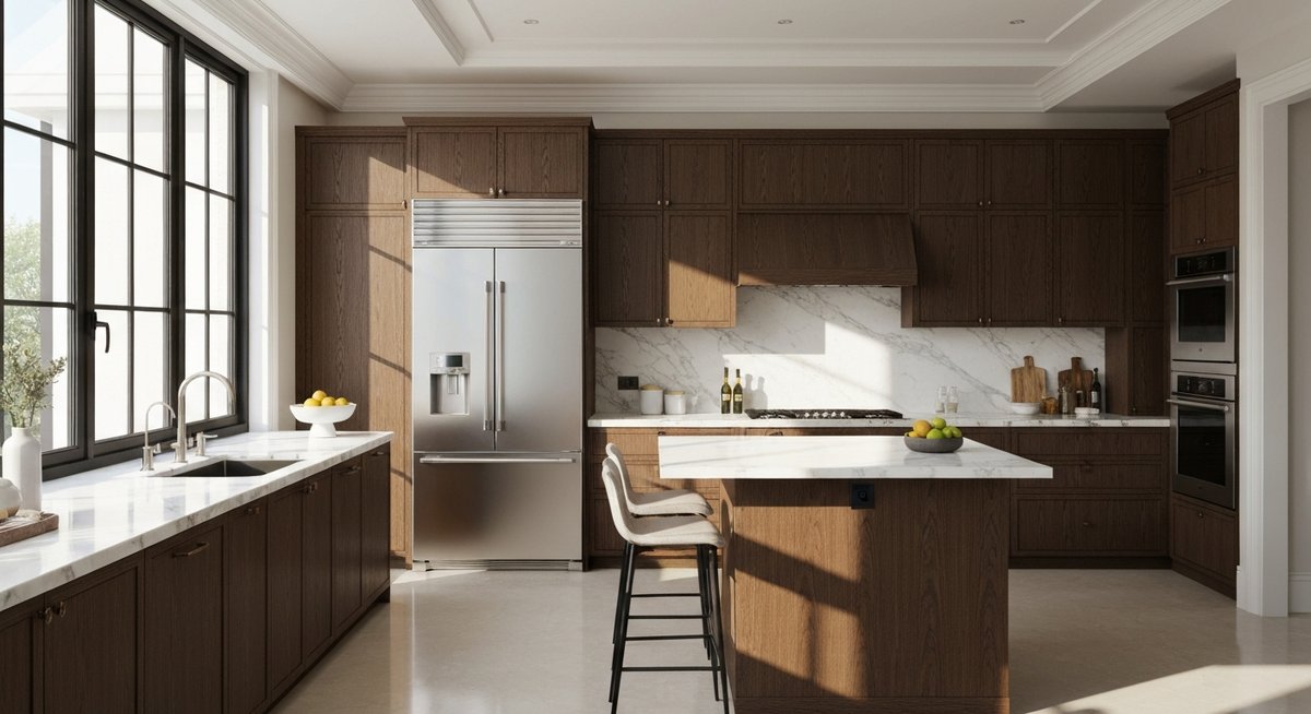 Роскошная кухня с элегантными фасадами из темного дерева, общее превью.