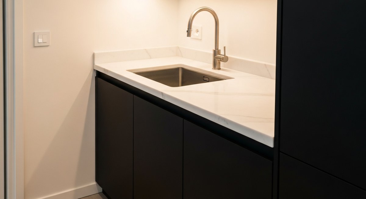 Деталь кухни: матовый черный фасад возле раковины, демонстрирующий простоту ухода и долговечность.